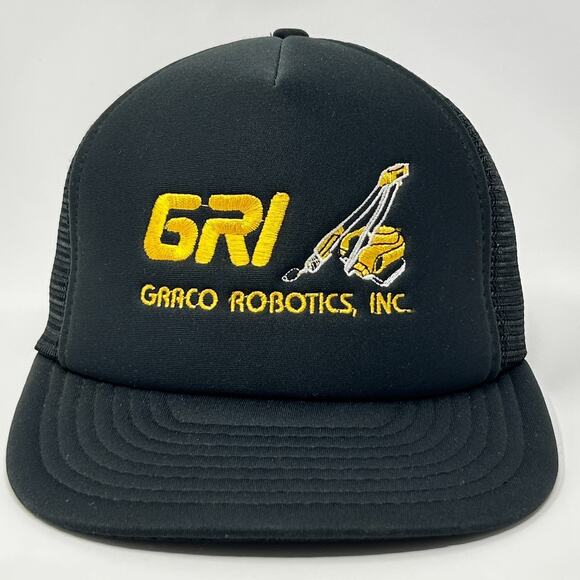 Vintage 90s Graco Robotics Inc Trucker Hat Baseball Cap GRI Mesh Snapback Black - Picture 1 of 9